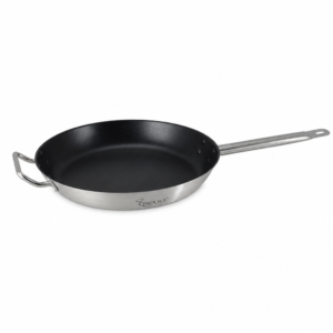 STAINLESS STEEL SANDWICHED BOTTOM NON-STICK FRYING PAN W/ HELPER HANDLE ; 白钢复合底柄耳不粘煎盘