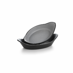 BLACK BASE/GREY OVAL PLATE ; 双色双耳船盘 灰黑岩