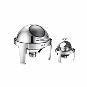 STAINLESS STEEL ROUND ROLL TOP CHAFING DISH WITH GLASS LID ; 不锈钢圆形玻璃盖翻盖餐炉