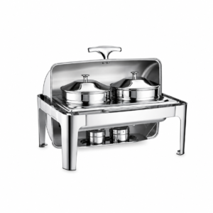 STAINLESS STEEL RECTANGULAR ROLL TOP CHAFING DISH WITH DOUBLE SOUP BUCKET ; 不锈钢长方形翻盖双汤桶保温餐炉